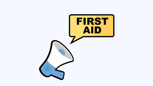 Megaphone shouts first aid in a comic style, ideal for medical websites, first aid trainings, healthcare promotions, and educational materials.