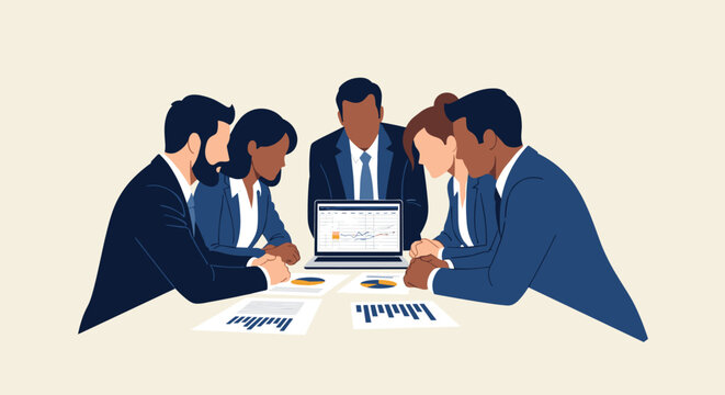 Flat minimalist corporate finance illustration of business team reviewing financial report b