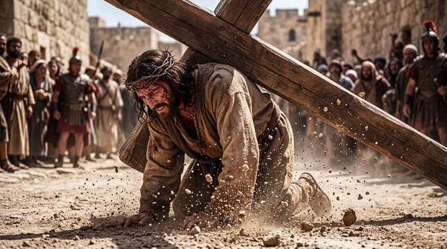 Man in historical attire struggles under wooden cross, surrounded by crowd in ancient city