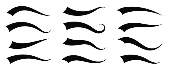 Set of Swoosh and swoop underline typography tails shape in flat styles. Swoosh line vector, underline swish, stroke swash swirl, Brush drawn curved smear. Hand drawn curly swish .eps10. © Thought Leader