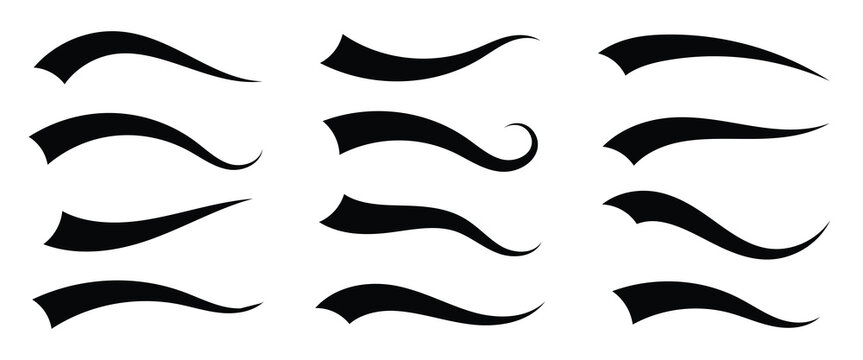 Set of Swoosh and swoop underline typography tails shape in flat styles. Swoosh line vector, underline swish, stroke swash swirl, Brush drawn curved smear. Hand drawn curly swish .eps10.