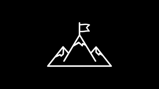 Minimal line flag icon waving on mountain peak animation on black background