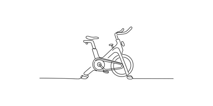 Continuous line drawing of an exercise bike on a white background for fitness concepts