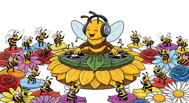 A cheerful cartoon bee DJ spinning music on a turntable surrounded by dancing bees and colorful flowers
