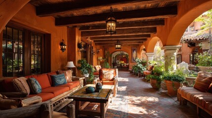 Fototapeta premium Upscale covered courtyard with terracotta flooring, Talavera tiles, and lush greenery