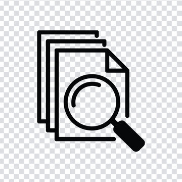 Vector illustration black icon of a magnifying glass over a stack of documents on a transparent background