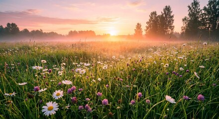 Obraz premium Sunset over a field flowers.