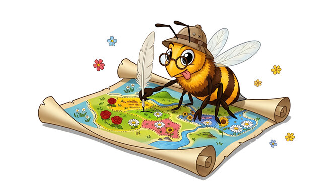 A cartoon bee wearing glasses and a hat draws on a colorful map with a quill pen, surrounded by flowers.