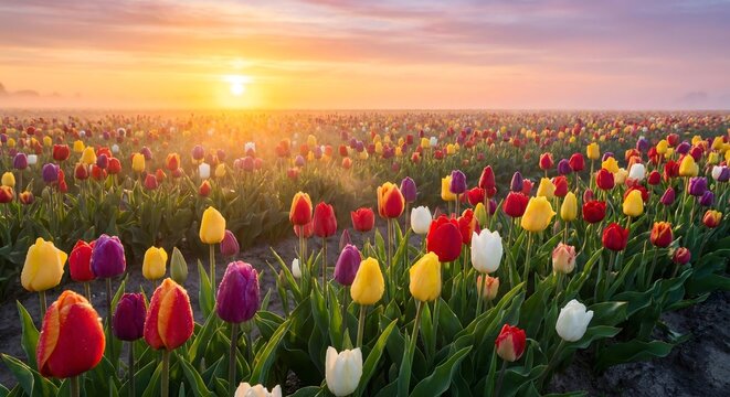 Vibrant Tulip Field at Sunset.