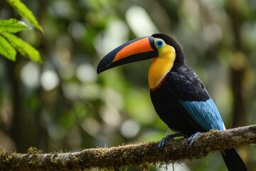 Fototapeta premium Vibrant toucan with bold beak among emerald foliage in a jungle scene