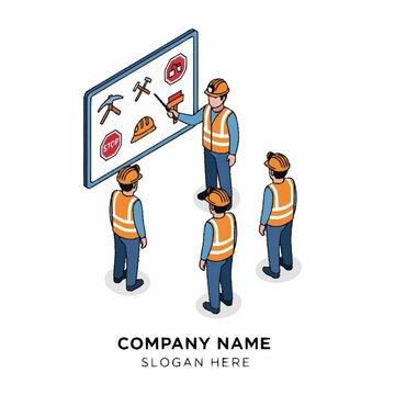 Construction workers attending a safety training session with a supervisor pointing at safety icons on a whiteboard.