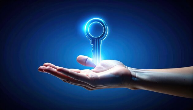 Glowing Key Floating Above Open Palm With Blue Neon Light Symbolizing Digital Access, Innovation, And Technology