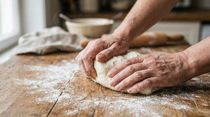 Fototapeta premium Baker kneading fresh bread dough on rustic wooden table