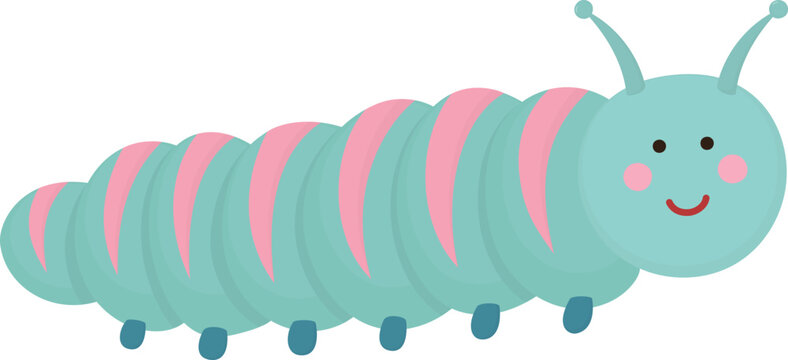 Illustration of cute blue caterpillar with pink pattern. Smiling animal isolated on white background