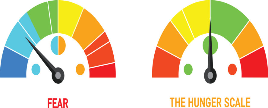 Vector gauge meter set showing fear level and hunger scale with colorful indicator dial for psychology health emotion and wellness assessment illustration.