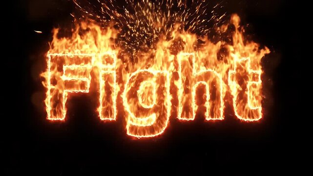 Fiery Fight Text Effect - The word "FIGHT" appears in fiery, glowing text against a stark black background. Sparks and embers fly around the word, enhancing the burning effect.