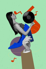 Mockup image of person hold vinyl plate stand in high heels over green background with musical notes
