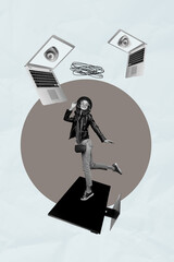 Obraz premium Sketch art 3d creative collage of happy man girl stand pc monitor laptop eyeball cyberattack control eyeball esoteric virus