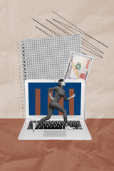 Vertical zine 3d collage of happy businesswoman stand laptop device chart statistics progress money...