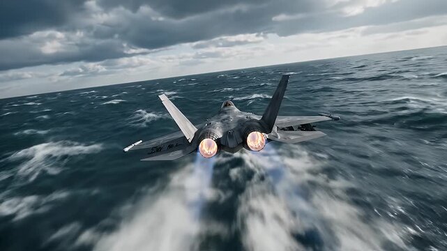 Fighter Jet Flying Over Ocean with Afterburners - A fighter jet is seen from below, flying low over the ocean with its afterburners engaged. The sky is cloudy, with the horizon at an angle.