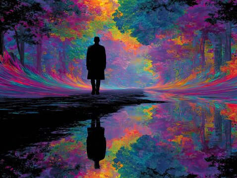 Ethereal holographic silhouette figure glowing in purple dreamcore light