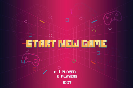 Start new game, retro cyberpunk style 80s game scene pixel art 8-bit sci-fi background. glowing neon grid and stars from vintage arcade computer games.	