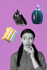 Vertical poster collage of puzzled girl do laundry day cleaning duty chores washing powder gel...