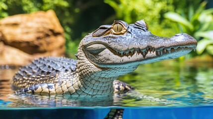 Fototapeta premium Close-up of a Crocodile Partially Submerged in Water