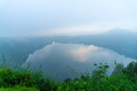 Beautiful foggy lake in the afternoon, Dieng, Wonosobo, Central Java.