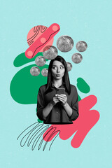 3d trendy image photo collage of happy spacewoman stand planet drawing saturn cosmonaut travel...