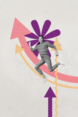 Trend pop collage of person run stand increase arrows figure on grey background