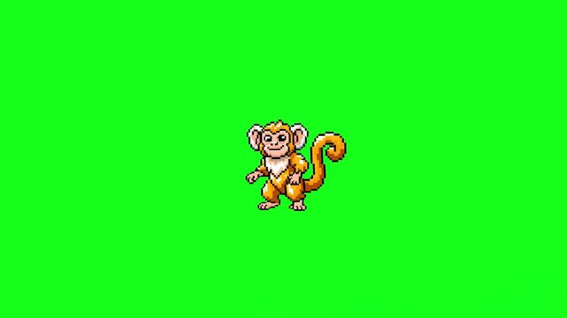 A retro-style pixelated monkey sprite performing a rhythmic dance on a chroma key green background. Perfect for indie game development, retro gaming content, and nostalgic video projects.