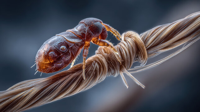 Macro closeup of louse gripping hair fiber with visible legs and body segmentation highlighting infestation detail