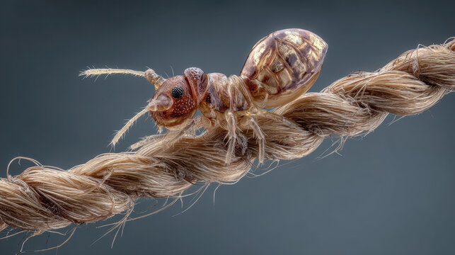 Macro closeup of head louse on human hair strand showing parasite and hair structure