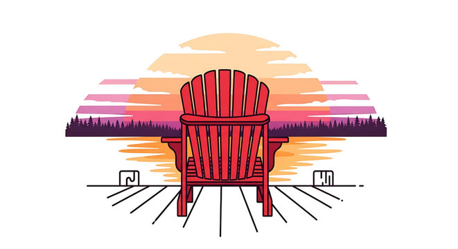 A vibrant red Adirondack chair sits on a dock overlooking a serene lake at sunset.
