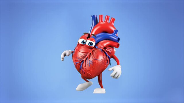 A humorous 3D digital illustration of an anatomically shaped human heart mascot complete with big eyes, cartoon arms, and legs doing a cheerful dance against a solid blue backdrop. Great asset for car