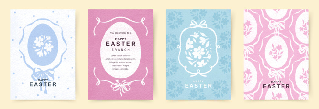 Happy Easter set of cards with flowers, Easter eggs, whimsical ribbon frames and bows. Posters and covers with a trendy Easter pattern. Vector illustration