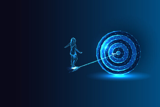 Woman balancing toward digital target, concept of focus, goal achievement and precision strategy