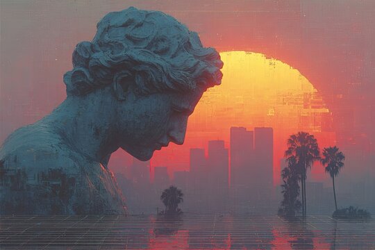 Massive ethereal holographic giant head silhouette over cityscape