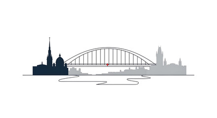 Naklejka premium A minimalist vector graphic illustration of a city skyline with a bridge over a river