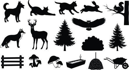 Fototapeta premium Silhouette of various animals and forest elements