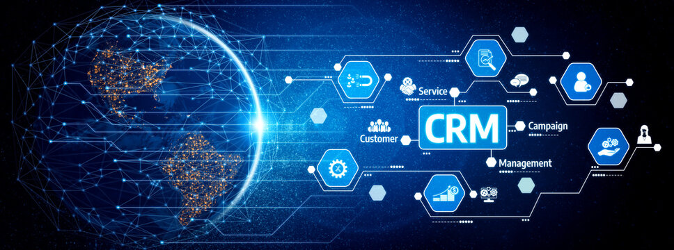 A visually striking representation of a global CRM system featuring interconnected digital icons amidst a high-tech backdrop, emphasizing customer management and communication. Tessel