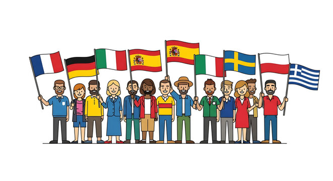 A diverse group of people holding flags from different countries in a colorful illustration