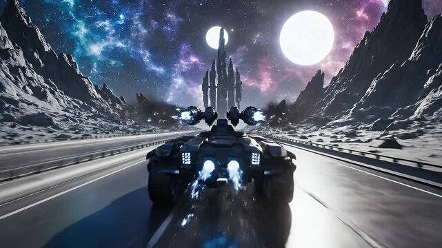 Futuristic Armored Vehicle with Energy Weapons - A futuristic armored vehicle is depicted with energy weapons firing against a backdrop of a cosmic sky and alien landscape.
