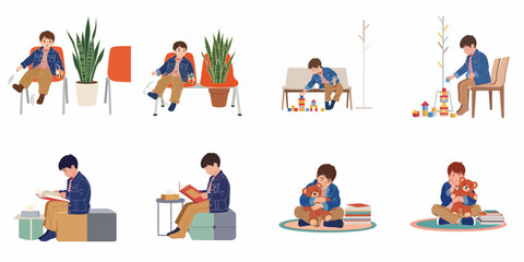 Fototapeta premium Collection of illustrations showing a young boy in various waiting room activities like playing with blocks, reading books, and hugging a teddy bear.