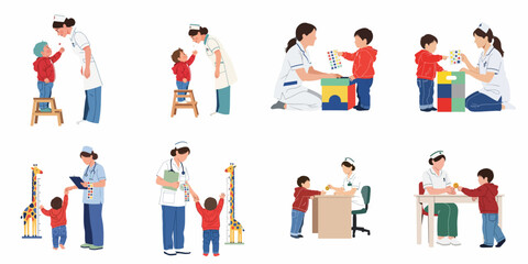 Fototapeta premium Set of flat illustrations showing a friendly nurse interacting with a young child in a pediatric clinic during checkups and play activities.