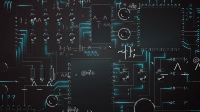 Animation of math symbols over integrated circuit on black background