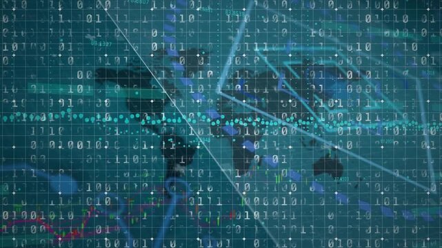 Animation of data processing and binary code over world map on green background