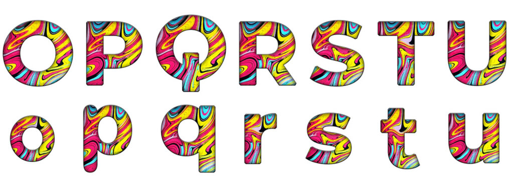 Abstract psychedelic pattern acid stains o, p, q, r, s, t, u word design text alphabet letter typography font design