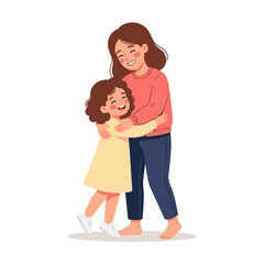 Obraz premium A mother and daughter are happily hugging each other, both smiling warmly.